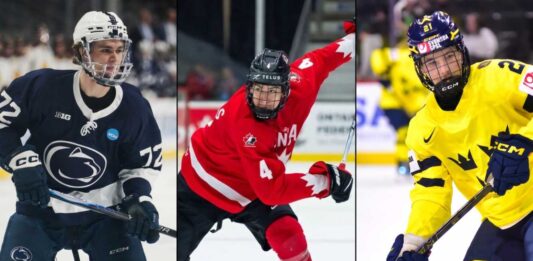 Collage of three elite 2026 NHL draft prospects in Penn State, Team Canada, and Team Sweden gear, representing top scouting tiers and diverse development paths