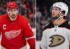 Split image featuring Detroit Red Wings captain Dylan Larkin in a red jersey and Anaheim Ducks young center Mason McTavish in a white jersey, illustrating the rumored NHL trade scenario.