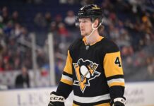 Why Buffalo Sabres Defenseman Bowen Byram is the Perfect Trade Target for the Pittsburgh Penguins A medium shot of Bowen Byram (wearing number 4) in his blue and gold Buffalo Sabres home jersey, holding a CCM hockey stick on the ice during a game.