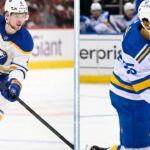 An NHL trade rumors graphic showing Bowen Byram in a Buffalo Sabres jersey on the left and Jordan Kyrou in a St. Louis Blues jersey on the right, with headlines predicting a blockbuster player swap.