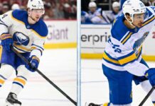 Buffalo Sabres Bowen Byram Trade Rumors: Blues, Flyers, Bruins Linked An NHL trade rumors graphic showing Bowen Byram in a Buffalo Sabres jersey on the left and Jordan Kyrou in a St. Louis Blues jersey on the right, with headlines predicting a blockbuster player swap.
