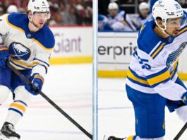 Buffalo Sabres Bowen Byram Trade Rumors: Blues, Flyers, Bruins Linked An NHL trade rumors graphic showing Bowen Byram in a Buffalo Sabres jersey on the left and Jordan Kyrou in a St. Louis Blues jersey on the right, with headlines predicting a blockbuster player swap.
