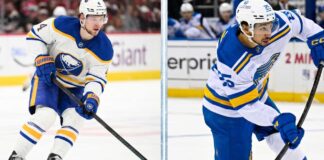 Buffalo Sabres Bowen Byram Trade Rumors: Blues, Flyers, Bruins Linked An NHL trade rumors graphic showing Bowen Byram in a Buffalo Sabres jersey on the left and Jordan Kyrou in a St. Louis Blues jersey on the right, with headlines predicting a blockbuster player swap.