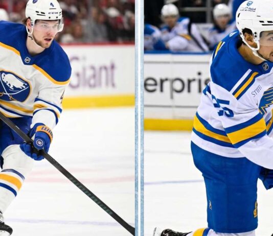 An NHL trade rumors graphic showing Bowen Byram in a Buffalo Sabres jersey on the left and Jordan Kyrou in a St. Louis Blues jersey on the right, with headlines predicting a blockbuster player swap.