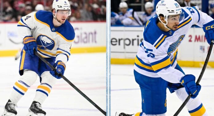 bowen-byram-buffalo-sabres-trade-rumor An NHL trade rumors graphic showing Bowen Byram in a Buffalo Sabres jersey on the left and Jordan Kyrou in a St. Louis Blues jersey on the right, with headlines predicting a blockbuster player swap.