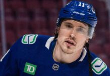 Conceptually rendered photo of former Montreal Canadiens winger Brendan Gallagher in a Vancouver Canucks home uniform, visualizing trade and buyout rumors.