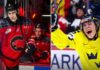 A vertical split-screen photograph comparing top 2026 NHL Draft prospects Carson Carels (left) in his red WHL Prince George Cougars jersey and Ivar Stenberg (right) celebrating a goal in his yellow and blue Team Sweden jersey.