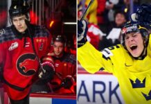 A vertical split-screen photograph comparing top 2026 NHL Draft prospects Carson Carels (left) in his red WHL Prince George Cougars jersey and Ivar Stenberg (right) celebrating a goal in his yellow and blue Team Sweden jersey.