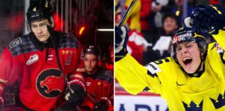 A vertical split-screen photograph comparing top 2026 NHL Draft prospects Carson Carels (left) in his red WHL Prince George Cougars jersey and Ivar Stenberg (right) celebrating a goal in his yellow and blue Team Sweden jersey.