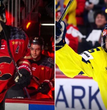 A vertical split-screen photograph comparing top 2026 NHL Draft prospects Carson Carels (left) in his red WHL Prince George Cougars jersey and Ivar Stenberg (right) celebrating a goal in his yellow and blue Team Sweden jersey.