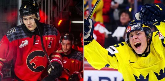 A vertical split-screen photograph comparing top 2026 NHL Draft prospects Carson Carels (left) in his red WHL Prince George Cougars jersey and Ivar Stenberg (right) celebrating a goal in his yellow and blue Team Sweden jersey.