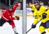 Calgary Flames 2026 NHL Draft: Carson Carels or Viggo Bjorck at #6? A split image comparing 2026 NHL Draft prospects Carson Carels (left), in his red Team Canada jersey (#4) executing a dynamic stride, and Viggo Bjorck (right), in his yellow Team Sweden jersey (#2) in a ready stance, with overlay text identifying each player.