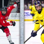 Calgary Flames 2026 NHL Draft: Carson Carels or Viggo Bjorck at #6? A split image comparing 2026 NHL Draft prospects Carson Carels (left), in his red Team Canada jersey (#4) executing a dynamic stride, and Viggo Bjorck (right), in his yellow Team Sweden jersey (#2) in a ready stance, with overlay text identifying each player.