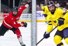 Calgary Flames 2026 NHL Draft: Carson Carels or Viggo Bjorck at #6? A split image comparing 2026 NHL Draft prospects Carson Carels (left), in his red Team Canada jersey (#4) executing a dynamic stride, and Viggo Bjorck (right), in his yellow Team Sweden jersey (#2) in a ready stance, with overlay text identifying each player.