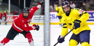 A split image comparing 2026 NHL Draft prospects Carson Carels (left), in his red Team Canada jersey (#4) executing a dynamic stride, and Viggo Bjorck (right), in his yellow Team Sweden jersey (#2) in a ready stance, with overlay text identifying each player.