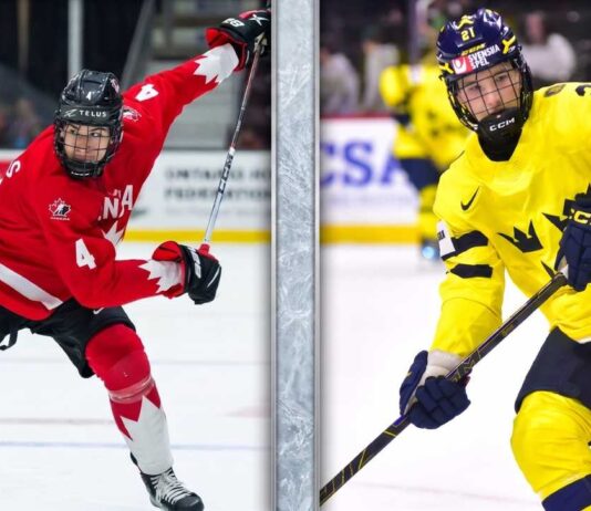 Calgary Flames 2026 NHL Draft: Carson Carels or Viggo Bjorck at #6? A split image comparing 2026 NHL Draft prospects Carson Carels (left), in his red Team Canada jersey (#4) executing a dynamic stride, and Viggo Bjorck (right), in his yellow Team Sweden jersey (#2) in a ready stance, with overlay text identifying each player.