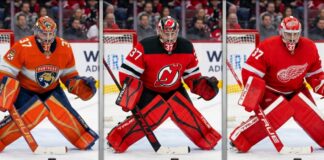 innipeg Jets goalie Connor Hellebuyck, a target in NHL trade rumors for the Panthers, Devils, and Red Wings, in a butterfly save stance wearing TRUE goalie gear.