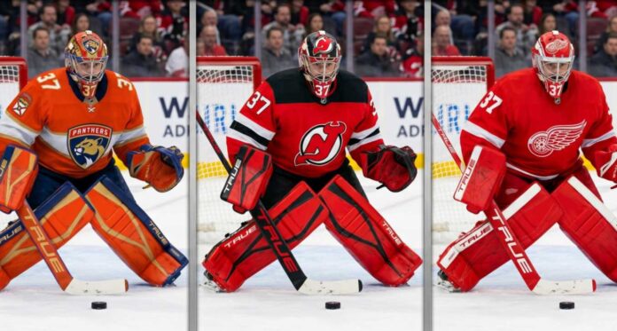 connor-hellebuyck-winnipeg-jets-goalie-trade-rumors innipeg Jets goalie Connor Hellebuyck, a target in NHL trade rumors for the Panthers, Devils, and Red Wings, in a butterfly save stance wearing TRUE goalie gear.