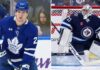 A split screen composite image with a detailed photo of Matthew Knies in a blue Toronto Maple Leafs jersey on the left, and a full goalie photo of Connor Hellebuyck of the Winnipeg Jets making a save in net on the right, visualising the NHL trade rumors connecting the two.