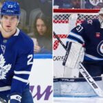 A split screen composite image with a detailed photo of Matthew Knies in a blue Toronto Maple Leafs jersey on the left, and a full goalie photo of Connor Hellebuyck of the Winnipeg Jets making a save in net on the right, visualising the NHL trade rumors connecting the two.