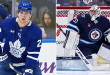A split screen composite image with a detailed photo of Matthew Knies in a blue Toronto Maple Leafs jersey on the left, and a full goalie photo of Connor Hellebuyck of the Winnipeg Jets making a save in net on the right, visualising the NHL trade rumors connecting the two.