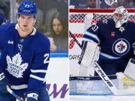 A split screen composite image with a detailed photo of Matthew Knies in a blue Toronto Maple Leafs jersey on the left, and a full goalie photo of Connor Hellebuyck of the Winnipeg Jets making a save in net on the right, visualising the NHL trade rumors connecting the two.