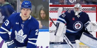 Will The Toronto Maple Leafs Actually Pull Off A Connor Hellebuyck Blockbuster? A split screen composite image with a detailed photo of Matthew Knies in a blue Toronto Maple Leafs jersey on the left, and a full goalie photo of Connor Hellebuyck of the Winnipeg Jets making a save in net on the right, visualising the NHL trade rumors connecting the two.