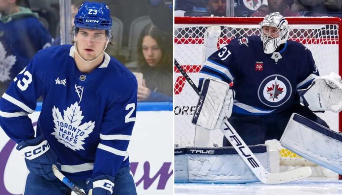 A split screen composite image with a detailed photo of Matthew Knies in a blue Toronto Maple Leafs jersey on the left, and a full goalie photo of Connor Hellebuyck of the Winnipeg Jets making a save in net on the right, visualising the NHL trade rumors connecting the two.