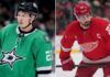 Dallas Stars Trade Rumors: Jason Robertson for Dylan Larkin Swap? Split photograph of Dallas Stars forward Jason Robertson in a green jersey and Detroit Red Wings captain Dylan Larkin in a red jersey, symbolizing a potential NHL trade.