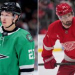 Dallas Stars Trade Rumors: Jason Robertson for Dylan Larkin Swap? Split photograph of Dallas Stars forward Jason Robertson in a green jersey and Detroit Red Wings captain Dylan Larkin in a red jersey, symbolizing a potential NHL trade.