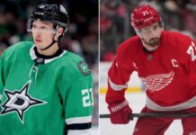 Dallas Stars Trade Rumors: Jason Robertson for Dylan Larkin Swap? Split photograph of Dallas Stars forward Jason Robertson in a green jersey and Detroit Red Wings captain Dylan Larkin in a red jersey, symbolizing a potential NHL trade.