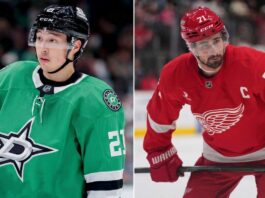 Dallas Stars Trade Rumors: Jason Robertson for Dylan Larkin Swap? Split photograph of Dallas Stars forward Jason Robertson in a green jersey and Detroit Red Wings captain Dylan Larkin in a red jersey, symbolizing a potential NHL trade.
