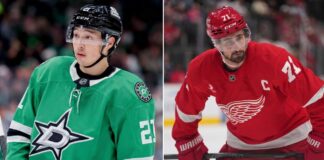 Split photograph of Dallas Stars forward Jason Robertson in a green jersey and Detroit Red Wings captain Dylan Larkin in a red jersey, symbolizing a potential NHL trade.