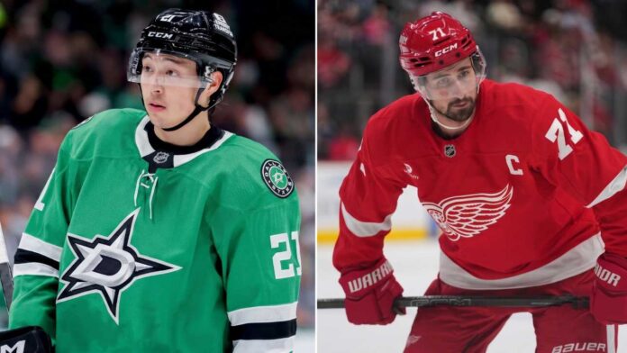 dallas-stars-jason-robertson-detroit-red-wings-dylan-larkin-trade Split photograph of Dallas Stars forward Jason Robertson in a green jersey and Detroit Red Wings captain Dylan Larkin in a red jersey, symbolizing a potential NHL trade.
