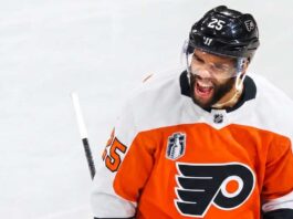 Conceptual photo of Edmonton Oilers defenseman Darnell Nurse wearing a white Philadelphia Flyers jersey amid NHL trade rumors.