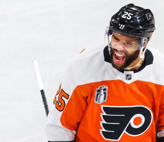 Conceptual photo of Edmonton Oilers defenseman Darnell Nurse wearing a white Philadelphia Flyers jersey amid NHL trade rumors.