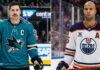 A split photograph comparing San Jose Sharks captain Logan Couture (left) in his teal jersey and Edmonton Oilers alternate captain Darnell Nurse (right) in his white away jersey.
