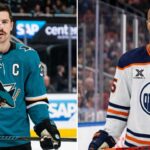 A split photograph comparing San Jose Sharks captain Logan Couture (left) in his teal jersey and Edmonton Oilers alternate captain Darnell Nurse (right) in his white away jersey.