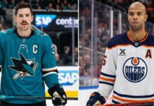 A split photograph comparing San Jose Sharks captain Logan Couture (left) in his teal jersey and Edmonton Oilers alternate captain Darnell Nurse (right) in his white away jersey.