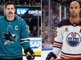 Edmonton Oilers Trade Rumors: Darnell Nurse Linked to San Jose Sharks A split photograph comparing San Jose Sharks captain Logan Couture (left) in his teal jersey and Edmonton Oilers alternate captain Darnell Nurse (right) in his white away jersey.