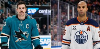Edmonton Oilers Trade Rumors: Darnell Nurse Linked to San Jose Sharks A split photograph comparing San Jose Sharks captain Logan Couture (left) in his teal jersey and Edmonton Oilers alternate captain Darnell Nurse (right) in his white away jersey.