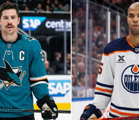 A split photograph comparing San Jose Sharks captain Logan Couture (left) in his teal jersey and Edmonton Oilers alternate captain Darnell Nurse (right) in his white away jersey.