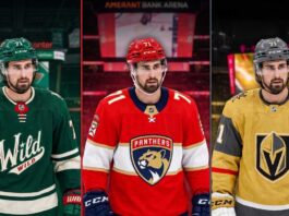 Dylan Larkin 3-team trade list featuring Minnesota Wild, Florida Panthers, and Vegas Golden Knights jerseys.