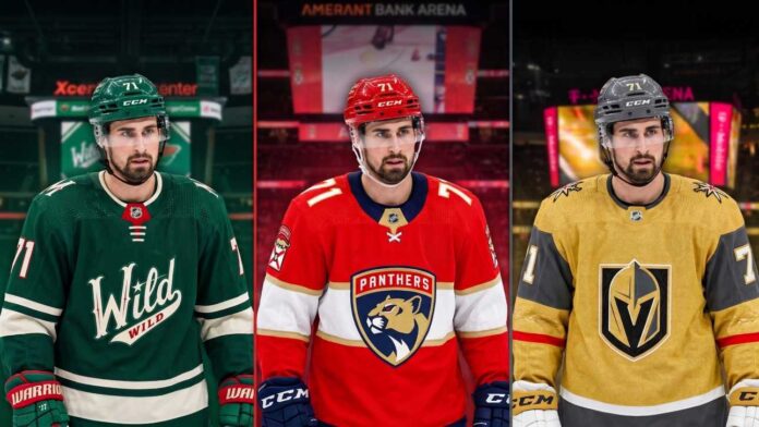Dylan Larkin 3-team trade list featuring Minnesota Wild, Florida Panthers, and Vegas Golden Knights jerseys.