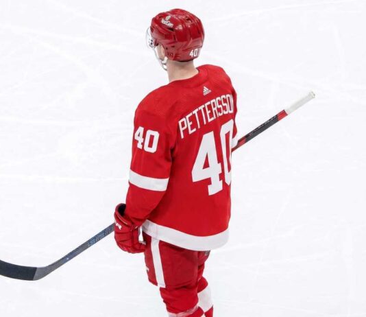 Elias Pettersson Trade Rumors: Detroit Red Wings & Vancouver Canucks A composite graphic image of Vancouver Canucks center Elias Pettersson in a custom Detroit Red Wings #40 jersey.