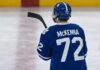 Gavin McKenna Toronto Maple Leafs: 2026 NHL Draft #1 Pick Analysis Gavin McKenna wearing a blue Toronto Maple Leafs home jersey with number 72 and the numbered blue helmet, seen from behind on an ice rink, viewed as the projected #1 overall pick for the 2026 NHL Draft.