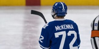 Gavin McKenna Toronto Maple Leafs: 2026 NHL Draft #1 Pick Analysis Gavin McKenna wearing a blue Toronto Maple Leafs home jersey with number 72 and the numbered blue helmet, seen from behind on an ice rink, viewed as the projected #1 overall pick for the 2026 NHL Draft.