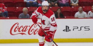 Ilya Morozov in Miami University (Ohio) hockey uniform, 2026 St. Louis Blues draft prospect