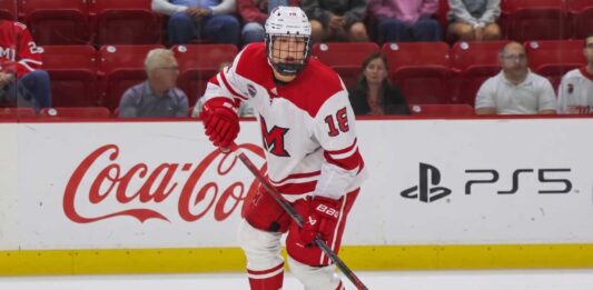 Ilya Morozov St. Louis Blues: Why He Is the Perfect #15 Pick Ilya Morozov in Miami University (Ohio) hockey uniform, 2026 St. Louis Blues draft prospect