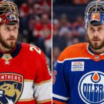 A conceptual split-image photo visualization of New Jersey Devils goaltender Jacob Markstrom wearing a Florida Panthers jersey and mask on the left, and an Edmonton Oilers jersey and mask on the right, representing potential NHL trade rumors.